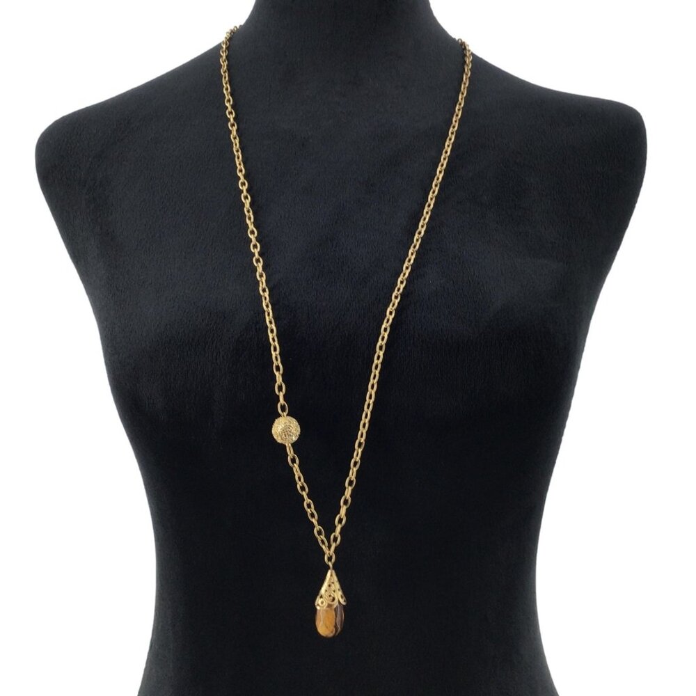 Vintage Pendant Necklace Simulated Tigers Eye Rhinestone Accent 34 Inch Length G